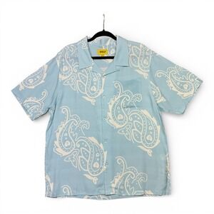 GOLF WANG Paisley Button Up Shirt Men L Light Blue Camp Loop Collar Short Sleeve